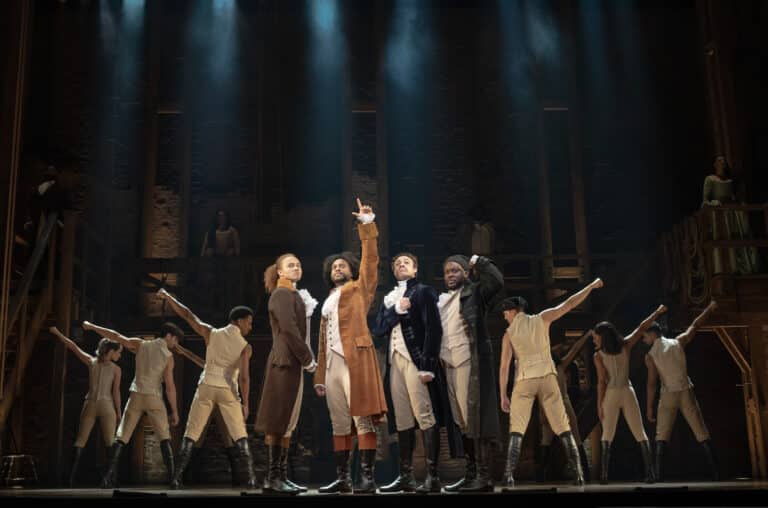 (3) (l-r) Nathan Haydel, Tyler Fauntleroy, Jared Howelton, Elvie Ellis, and Company - HAMILTON National Tour - (c) Joan Marcus 2024